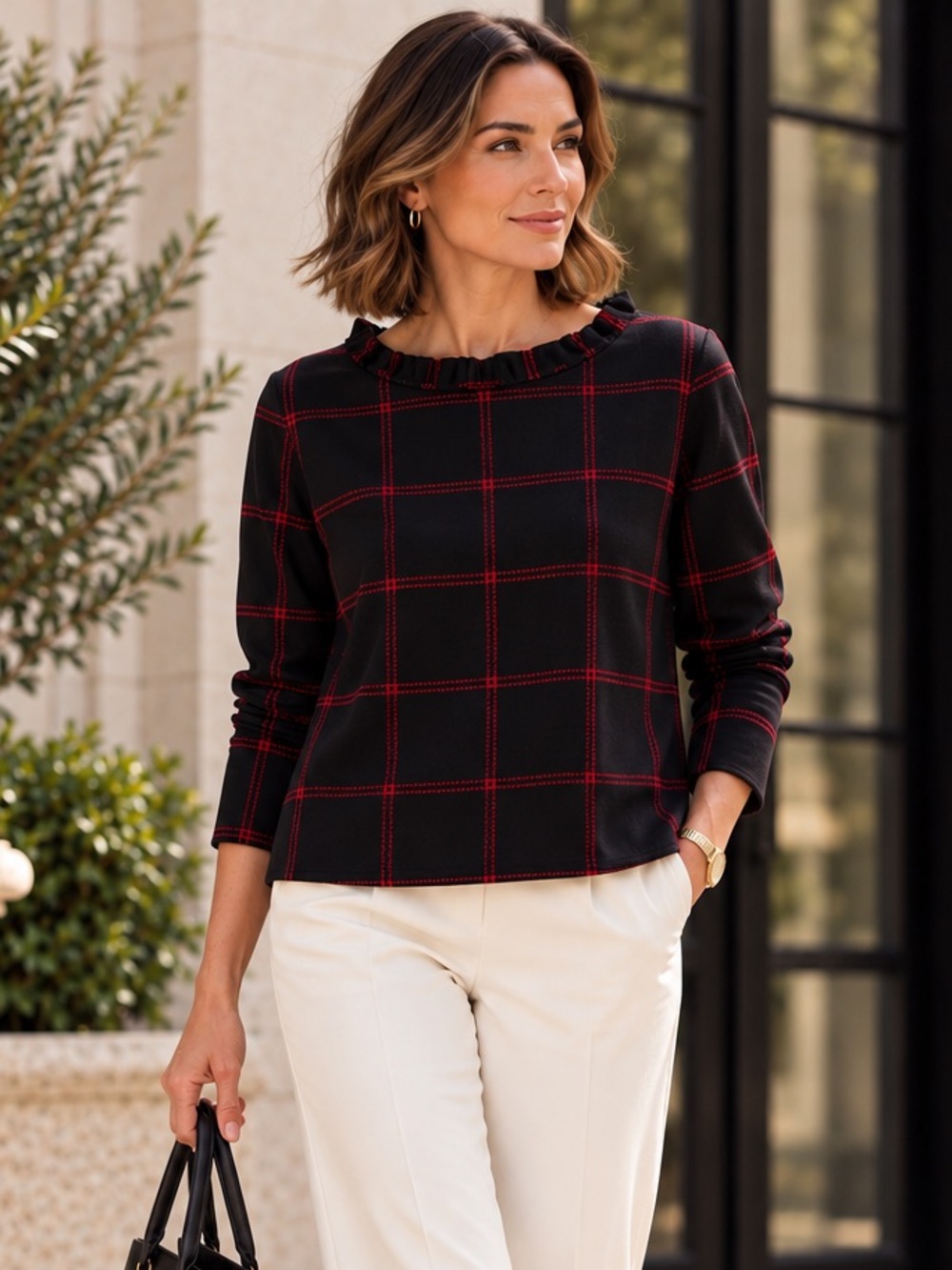 Ann Taylor Black Red Windowpane Plaid Ruffle Mock Neck Top Size S